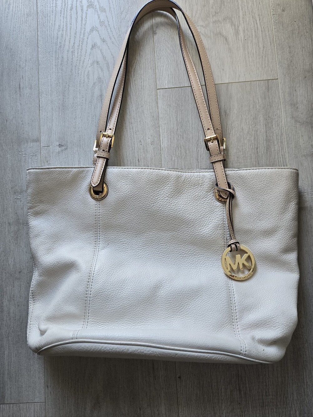 Michael Kors Ivory Pebbled Leather Tote with Gold MK Charm